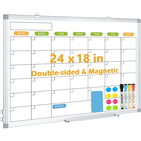 Dry Erase Calendar 24"x18", Monthly White Board Magnetic Calendar Double-Sided Whiteboard Calendar Dry Erase for Wall with Eraser Markers and Magnets, Silver Aluminium Frame