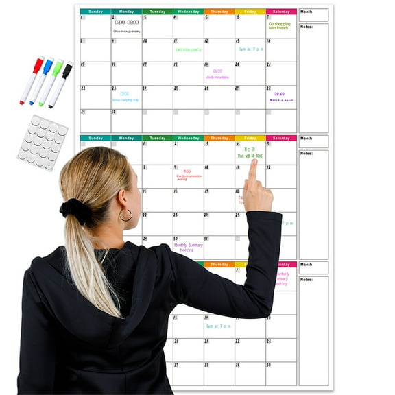 Dry Erase Calendar 3-Month Undated Whiteboard Wall Calendar, 35.6"x24" Large Reusable Schedule Planner with Dots Stickers & 4 Color Markers for Home Office School