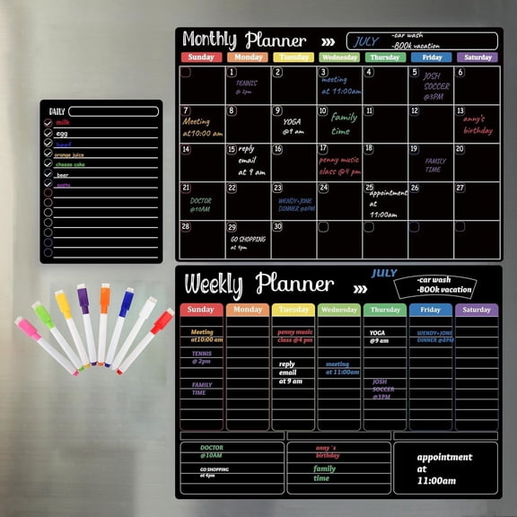 Hivillexun Dry Erase Calendar Blackboard. Set of 3 Magnetic Calendars for Refrigerator, Monthly, Weekly Organizer & Daily Notepad. Wall & Fridge Family Calendar. 8Markers