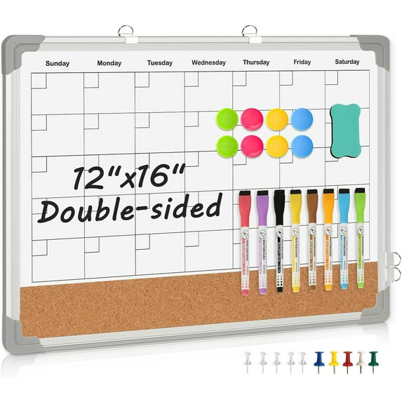 Dry Erase Calendar & Cork Board, 16" x 12" Double-Sided Whiteboard Calendar Cork Board Combo for Wall, Hanging Monthly Calendar Board with Markers, Magnets Pins, Eraser