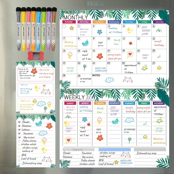 Dry Erase Calendar for Fridge Magnetic - 4PCS Set of Monthly Calendar for Refrigerator, Magnet Weekly Planner with Notepad for Family Kitchen Planning Board
