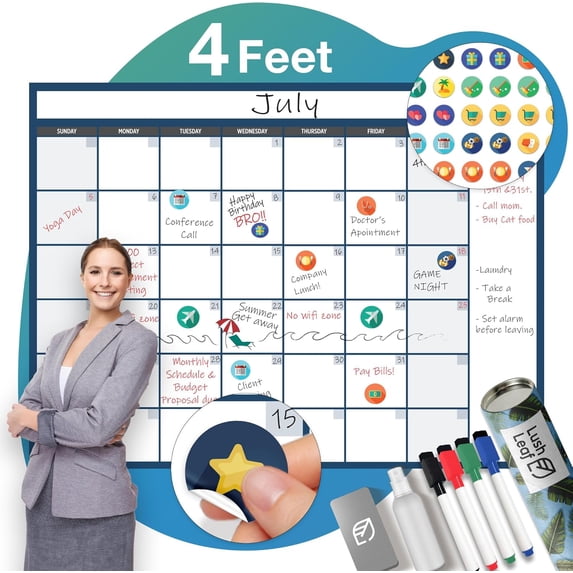 Dry Erase Calendar for Wall, 36"x48" - Undated, Reusable, Monthly - Large Whiteboard For School, Classroom & Office, Includes Markers, Eraser & Accessories