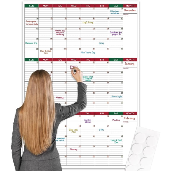 Dry Erase Calendar for Wall - Undated 3 Month Calendar, 28'' x 40'', Erasable & Reusable Laminated Dry Erase Wall Calendar with 10 Round Stickers, Vertical Layout for Home/School/Office