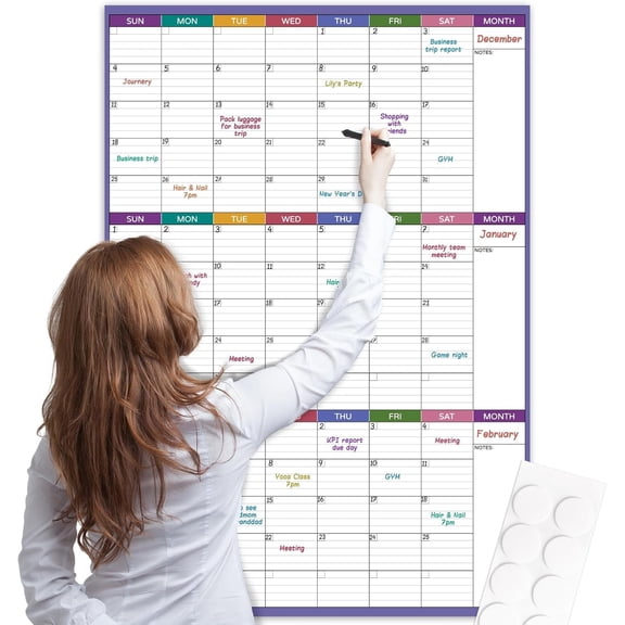 Dry Erase Calendar for Wall - Undated 3 Month Wall Calendar, 28'' x 40'', Erasable & Wall Calendar, Dry Erase Calendar for , Office and School, 10 Round Stickers