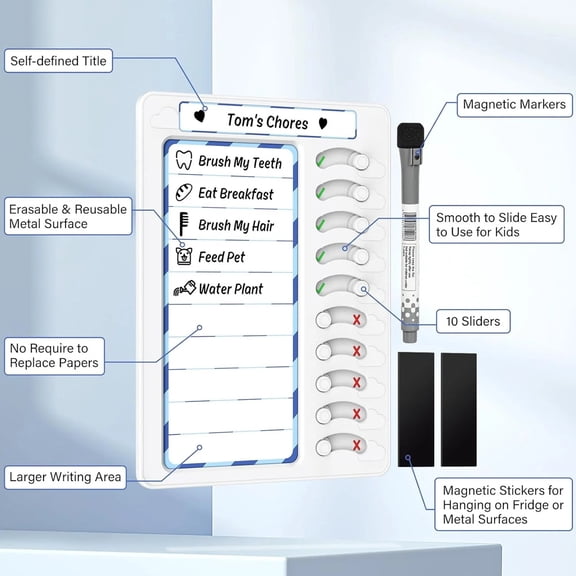 Dry Erase Chore Chart Board with 10 Sliders, Magnetic and Wall Mountable Task Checklist Planner, Includes Marker