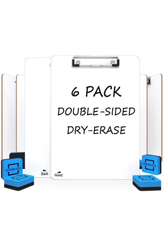 Dry Erase Clipboards Pack of 6, Durable Double-Sided 9"x12" White Clipboard with 6 Dry Erase Erasers, White Board Clipboard with Low Profile Clip for School, Classroom and Home Use