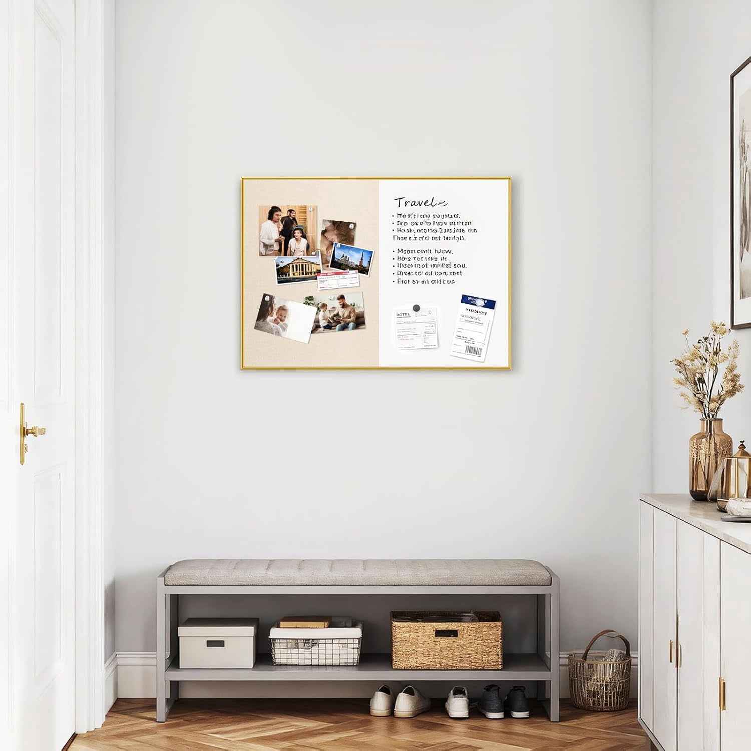 Dry Erase Cork Board Combo, 24"X18" Whiteboard with Linen for Wall, Magnetic Dry Erase Bulletin Board, Vision Board for Home, Office, School, Off White