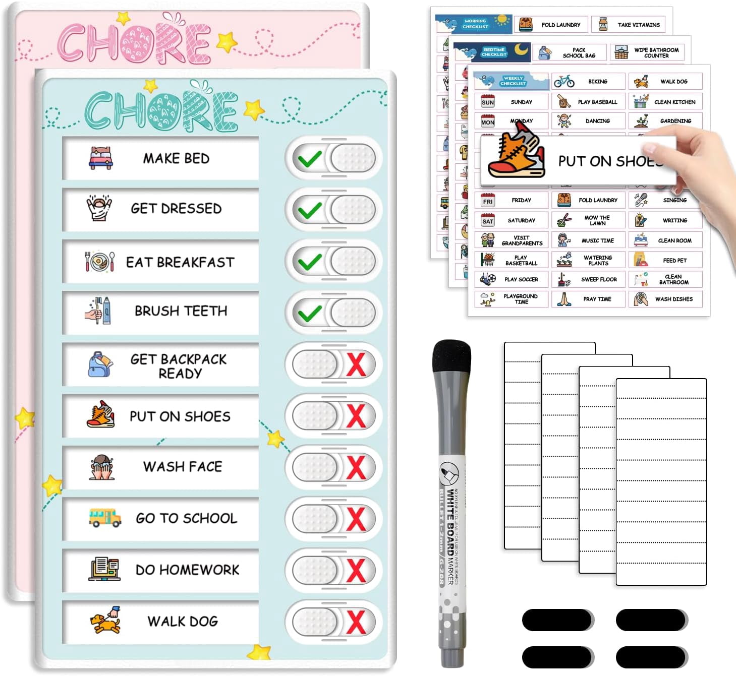 Morning Routine Slider Dry Erase Kids Chore Chart for 2 Pink and Blue - Magnetic Routine with ...