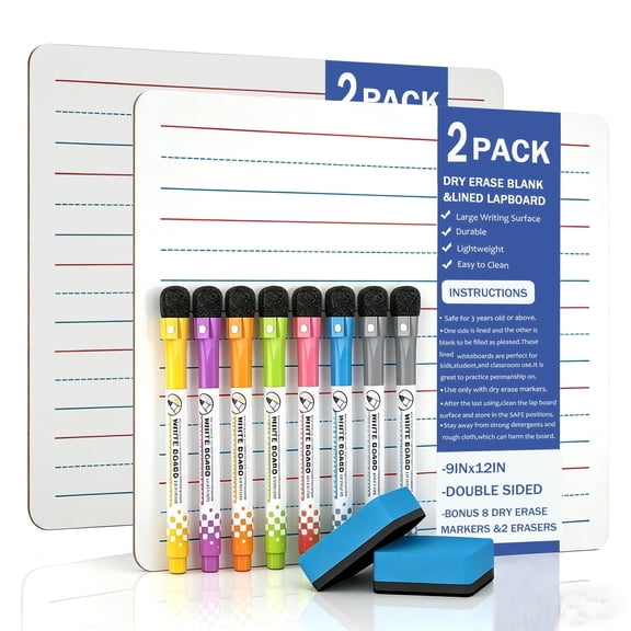 Dry Erase Lap Board 9 x 12 inches 2 Pack Ruled Double Sided Blank & Lined Small Lapboard with 8 Pens, 2 Eraser, Learning Mini Whiteboard Portable for Student and Classroom Use