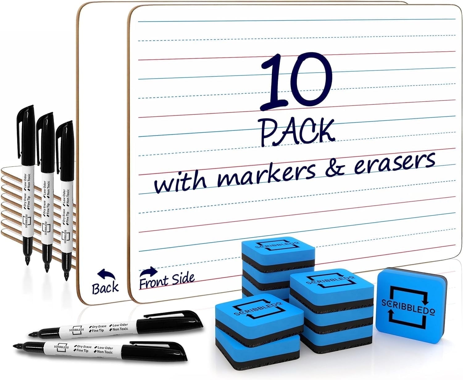Scribbledo Lined Dry Erase Boards Double-Sided with Whiteboard Markers and Erasers, 9 x 12, 10-Pack