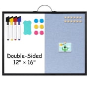 DOLLAR BOSS Dry Erase Linen Board, 12"x16" Small Cork Board Whiteboard Combination, Double-Sided Magnetic Bulletin Board for Wall, Vision Board with Markers and