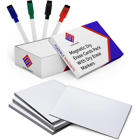 Dry Erase Magnetic Blank Cards - Plus Bonus! 4 Colored Dry Erase Markers - Dry Erase Index Cards - 4 x 6 Reusable Flash Cards - Mini Magnetic Cards for Fridge (100)