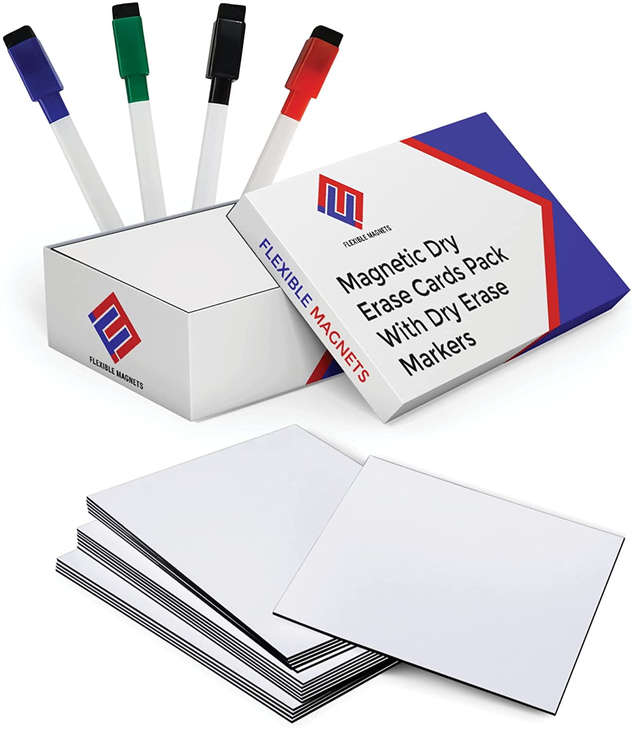 Dry Erase Magnetic Blank Cards - Plus Bonus! 4 Colored Dry Erase Markers - Dry Erase Index Cards - 4 x 4 Reusable Flash Cards - Mini Magnetic Cards for Fridge (32)