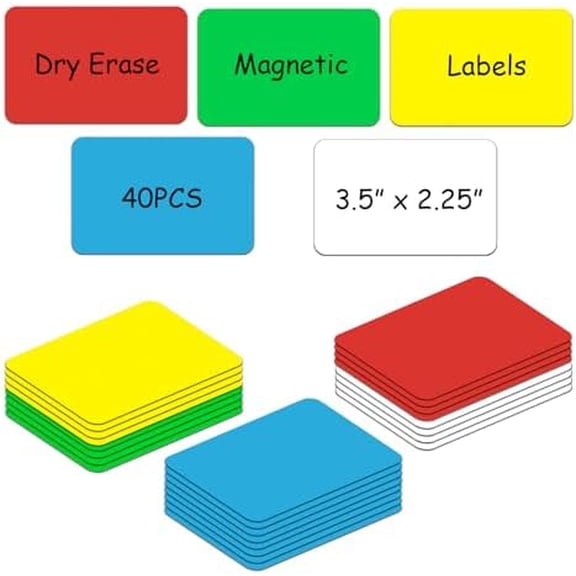 Dry Erase Magnetic Labels,3.5x2.25 Card Size,Pack of 40,Write On Magnets,Teacher Must Have for Classroom,Supplies Office&Cabinet&whiteboard&Fridge&Locker (Multicolor)