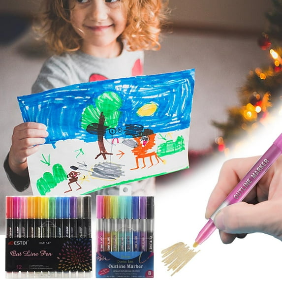 Dry Erase Markers, Double Line Outline Markers Marker Pens for Highlighting Pens Painting Glitter Pens for Guest Book 15ml, Back to College
