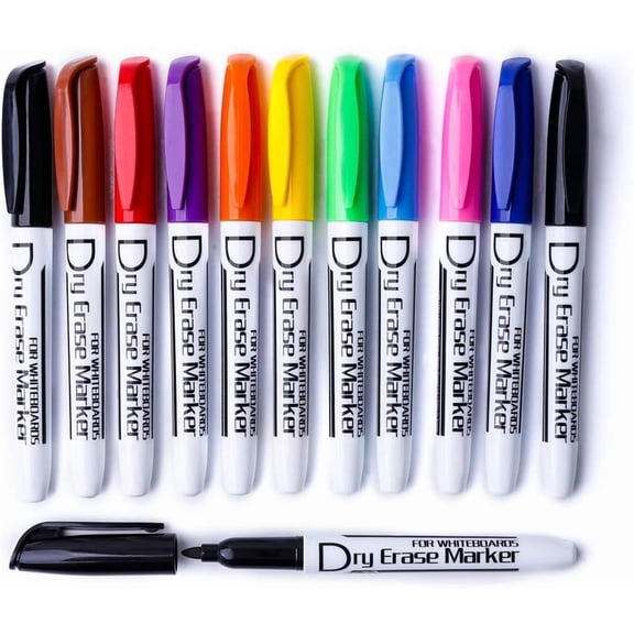Dry Erase Markers Low Odor Fine Whiteboard Markers Thin Box of 12, 10 Colors
