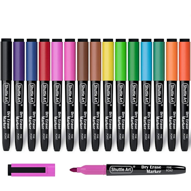 Shuttle Art 15 Colors Dry Erase Markers with Eraser, Fine Tip