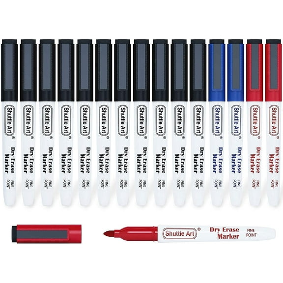 Dry Erase Markers, Shuttle Art 15 Pack 3 Colors Magnetic Whiteboard Markers with Erase, Fine Point Dry Erase Markers for Writing on Whiteboard Glass Mirror(11 Black 2Blue 2 Red)