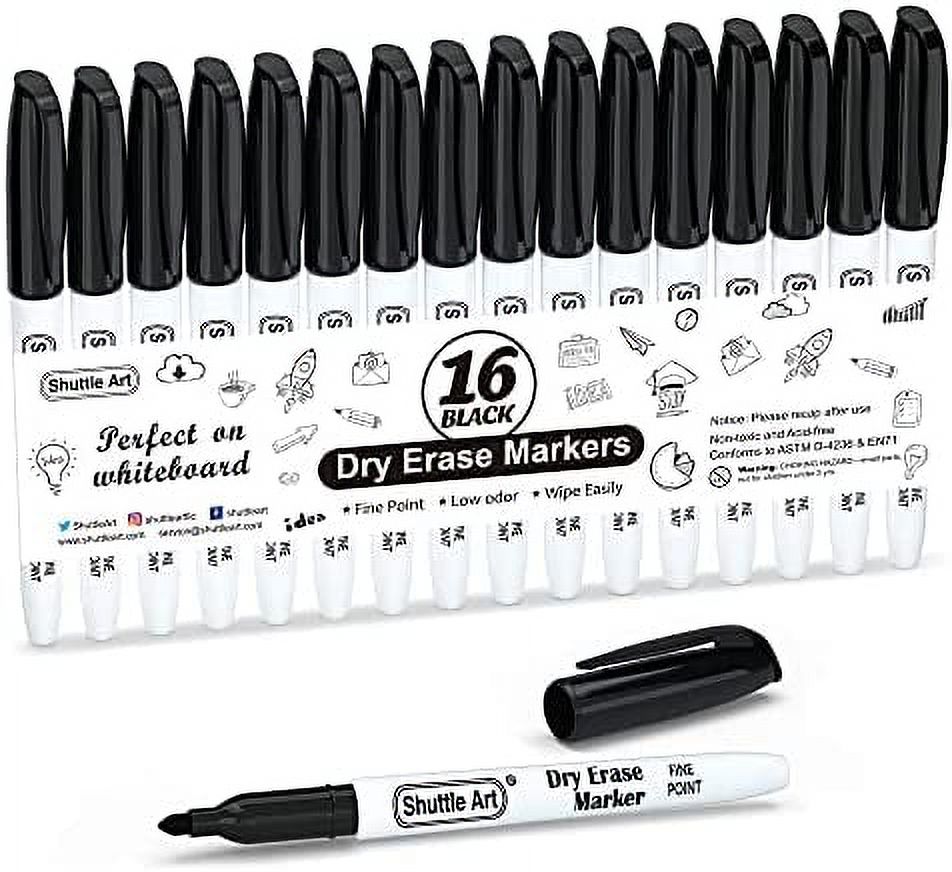 Dry Erase Markers, Shuttle Art 16 Pack Black Whiteboard Markers,Fine Tip  Dry Erase Markers for Kids,Perfect for Writing on Whiteboards, Dry-Erase