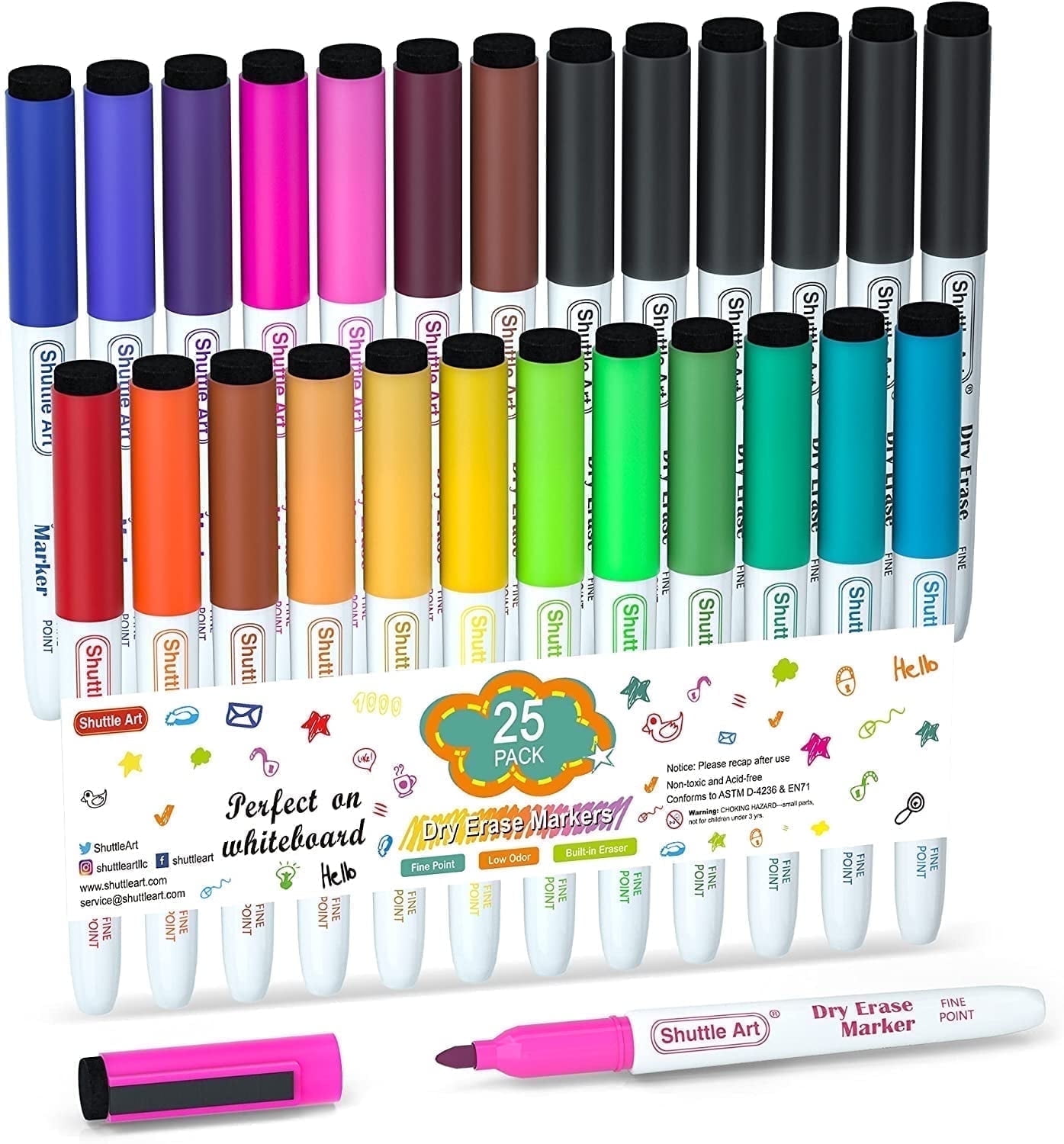 Shuttle Art 25 Pack Fine Tip Dry Erase Markers, 19 Assorted Colors, Magnetic Caps with Erasers