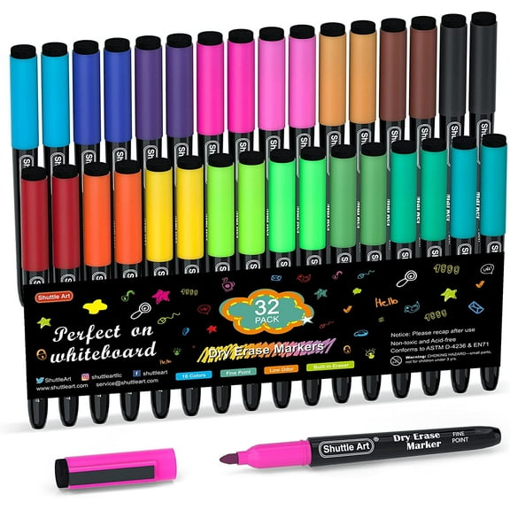 Dry Erase Markers, Shuttle Art 32 Pack 16 Colors Magnetic Whiteboard Markers with Erase,Fine Point Dry Erase Markers For Writing on Whiteboards, Dry-Erase Boards,Mirrors for Office