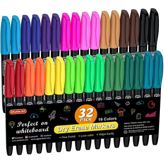 Dry Erase Markers, Shuttle Art 32 Pack 16 Colors Whiteboard Markers,Fine Tip Dry Erase Markers,Perfect For Writing on Whiteboards,Dry-Erase Boards,Mirrors,Calender