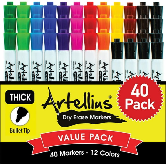 Dry Erase Markers by Artellius, 40 Pack, Thick Bullet Tip, 12 Assorted Colors with 7 Extra Black, Perfect Markers for all White Board Surfaces