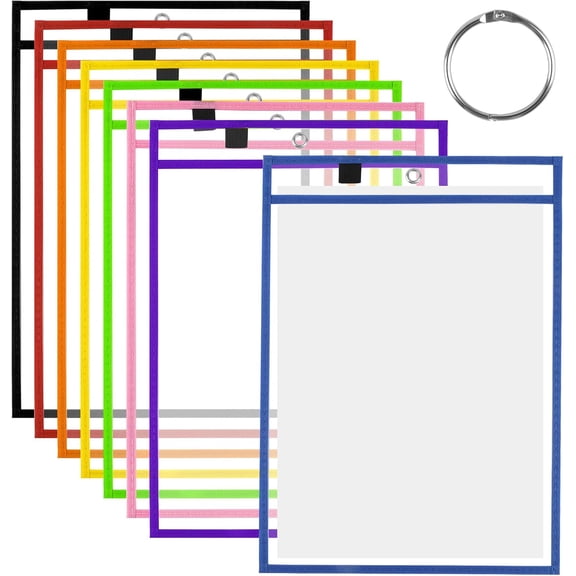 Dry Erase Pocket Sleeves 8 Pack, 13.5x10 Inch Clear Plastic Paper Sleeves, Heavy Duty Ticket Holder Pockets, Reusable Sheet Protectors, Teaching Supplies for Classroom Elementary, with 1 Ring