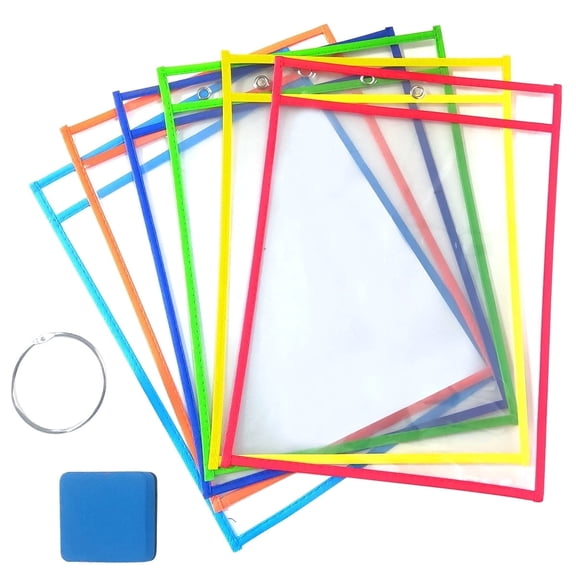Dry Erase Pockets, Reusable Clear Plastic Dry Erase Sleeves with 1 Dry Erase Eraser and 1 Rings, Heavy Duty Paper Protector Sheet & Card Pouch & Ticket Holder 6 Pack