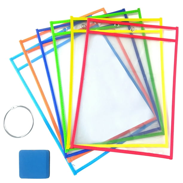 Dry Erase Pockets, Reusable Clear Plastic Dry Erase Sleeves with 1 Dry Erase Eraser and 1 Rings