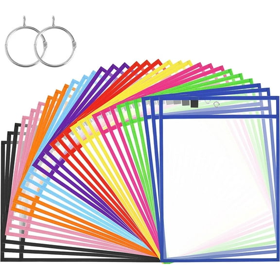 Dry Erase Pockets-Reusable Write and Wipe Pocket with 2 Rings,14.2 x 10 inches,Assorted Colorful Clear Plastic Sheet Protectors-for Teacher School Classroom Supplies,Office Worksheets, 30 Pack,Bulk