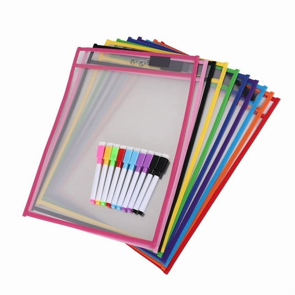 Dry Erase Pockets Sleeves, (10 Pack) A4 Paper Job Ticket Holders, Reusable Sheets for Classroom Worksheets