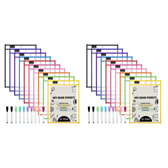 Dry Erase Pockets Sleeves, (20 Pack) A4 Paper Job Ticket Holders, Reusable Dry Erase Sheets for Classroom Worksheets