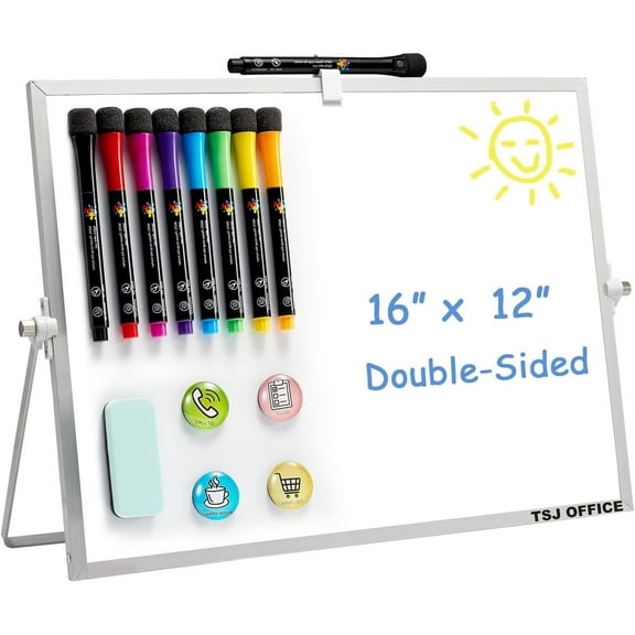 Dry Erase White-Board - 12 X 16 Inches Portable Small Magnetic Whiteboard with Hooks for Wall, Mini Desktop Whiteboard 360 Degrees Revolving Double Sided Stand for Office, Home, School