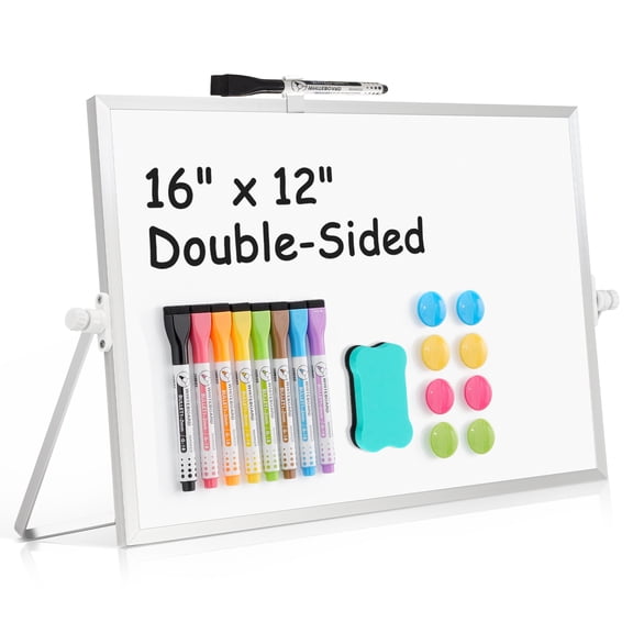 Double-Sided Magnetic Whiteboard Desktop Whiteboard with Stand, 16"X12" Dry Erase White Board, Small White Board Portable White Board Easel for Memo to Do List Desk Office with 8 Markers & 8 Magnets