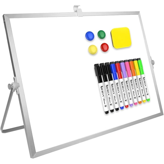 Dry Erase White Board, 16inX12in Large Magnetic Desktop Whiteboard with Stand, 10 Markers, 4 Magnets, 1 Eraser, Portable Double-Sided Board Easel for Memo to Do List Desk Office
