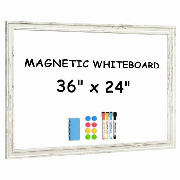 Dry Erase White Board, 36 x 24 in Magnetic Whiteboard White Vintage Wood Frame Wall-Mounted White Board Decorative Notice Board for Wall, Office, Home Decor Hanging Board with 8 Magnets 4 Markers
