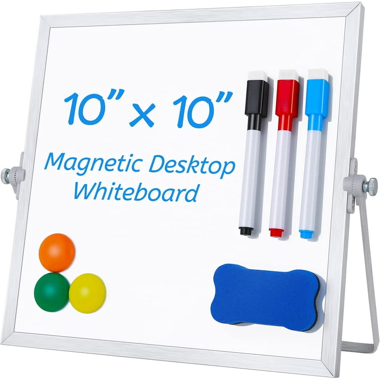Dry Erase Whiteboard, 10 x 10 inch Double Sided Large Magnetic Desktop  White Board with Stand, 3 Pens, 1 Eraser, 3 Magnets, Portable White Board  Easel for Kids Memo to Do List Students School 
