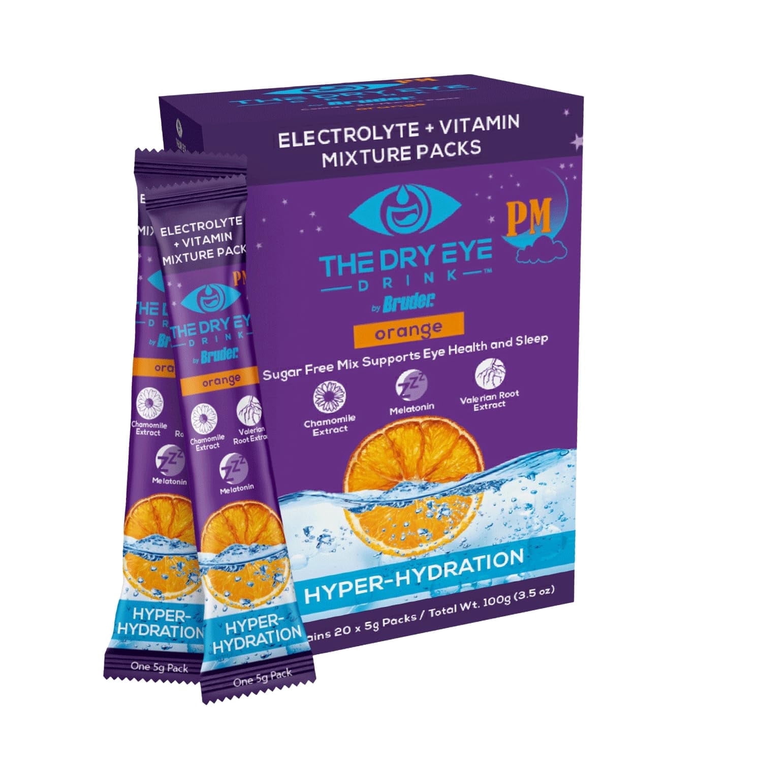 The Dry Eye Drink l Ultimate Hydration for Dry Eyes l Sugar-Free Electrolyte Powder Packets l Blended with Vitamins, Green Tea, Turmeric, Taurine, and DHA l 5g x 20 Packets (Orange PM)