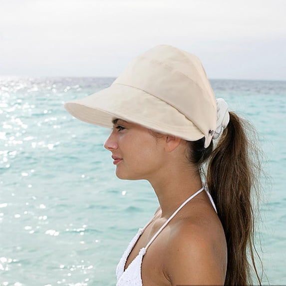Dry Fabric Foldable Sun Hat UPF 50+ Sun Protection, Packable Travel Sunshade Hat with Ponytail Opening & Chin Strap - Breathable Polyester for Beach Hiking Fishing
