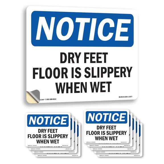 Dry Feet Floor Is Slippery When Wet OSHA Notice Vinyl Decal Label 10 Inch x 7 Inch - 10 Pack