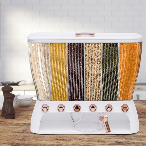 Dry Food Dispenser ,Wall mounted 6 Grid Beans Dispenser,Rice dispenser Kitchen Storage with Measuring Cup