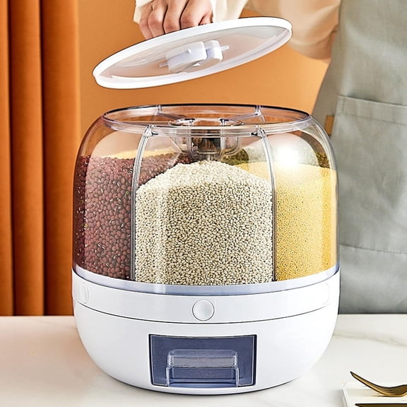 Dry Food Storage Containers, 6-compartment Rice Container, 360 Rotating Dry Food Dispenser with Sealed Lid, Suitable for Peanuts, Barley, Millet and Grains