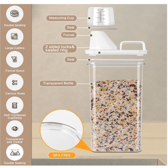 Dry Food Storage for Pet Food, Rice, Oatmeal with Pour Spout Lid and Plastic Small Measuring Cup for Flour and Sugar
