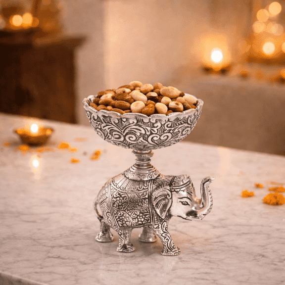 NATRIEL German Silver Elephant Bowl, Decorative Serving Bowl with Intricate Engravings, 6.6x7 Inch