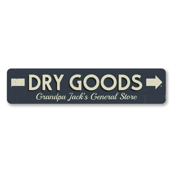 Dry Goods Arrow Sign, Mercantile Company Sign, Custom General Store Owner Name Kitchen Aluminum Decor - 4x18 inches