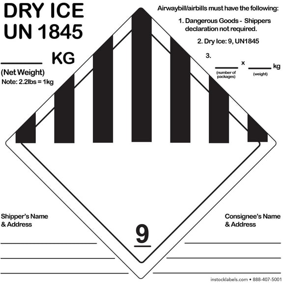 Dry Ice UN1845 DOT Hazmat Class 9 Shipping Labels | 6" Square - 500 Pack | InStockLabels.com