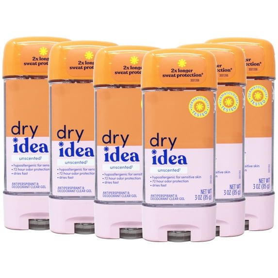 Dry Idea Advanced Dry Hypo Allergenic Clear Gel Antiperspirant And Deodorant, Unscented, 3 Oz, 6 Pack