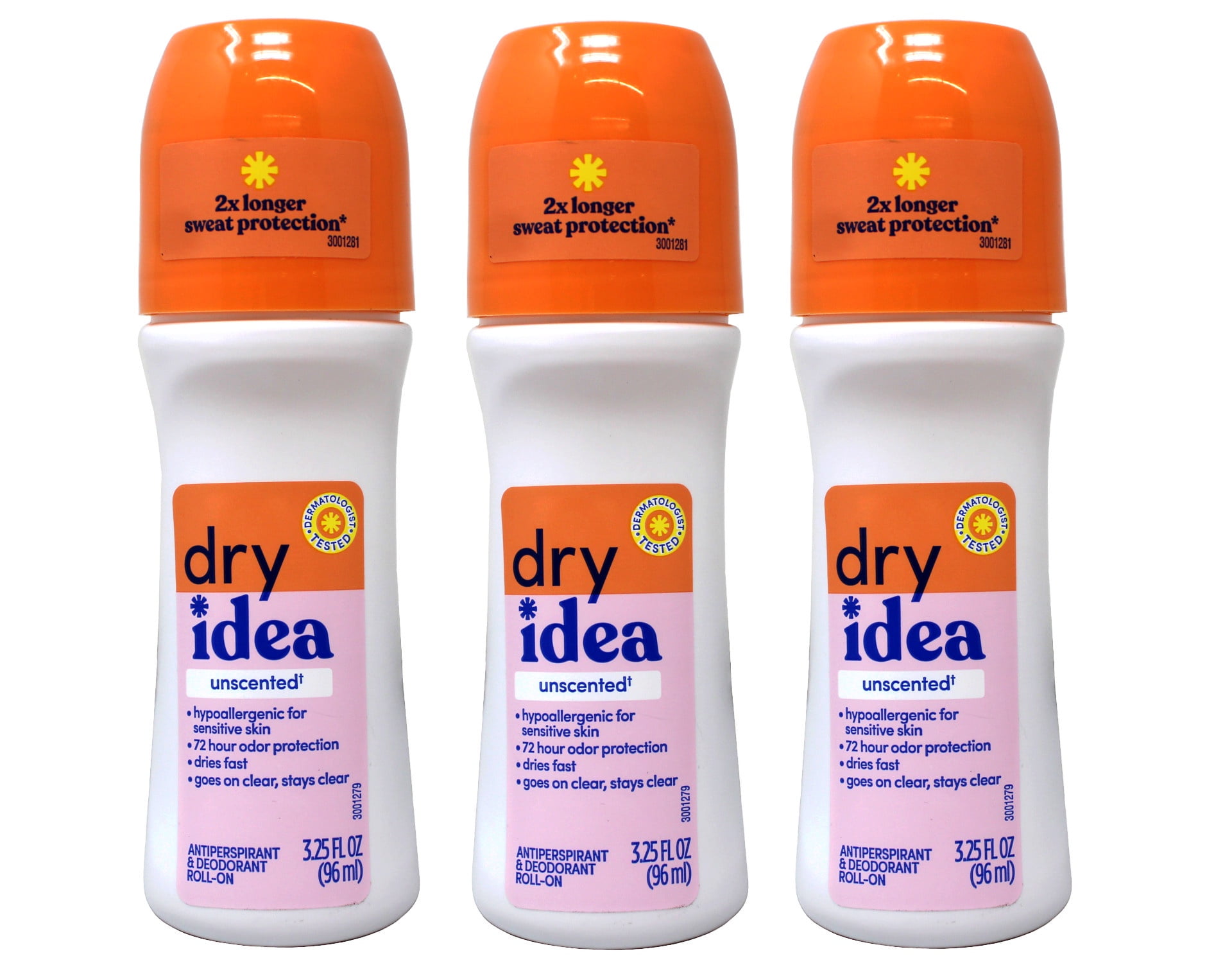 Dry Idea Antiperspirant Deodorant Roll-On, Unscented, 72 Hour Odor Protection, Hypoallergenic for Sensitive Skin, 3.25 fl oz (Pack of 3)
