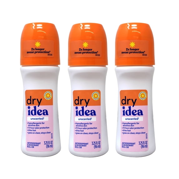 Dry Idea Anti-Perspirant Deodorant Roll-On Unscented, 3.25 oz (Pack of 3)